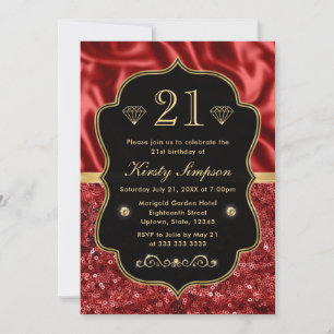 Invitación Cumpleaños de satén rojo elegante y marco dorado c