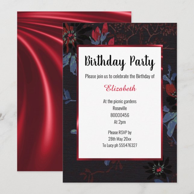 INVITACIÓN CUMPLEAÑOS DE SATIN DE ÁRBOL ROJO BLANCO NEGRO (Anverso / Reverso)