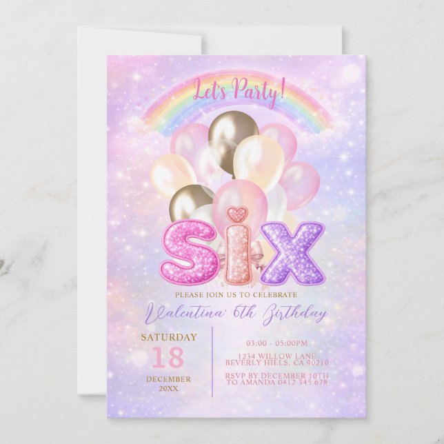 Invitación Cumpleaños de seis globos de brillo de arcoíris (Anverso)