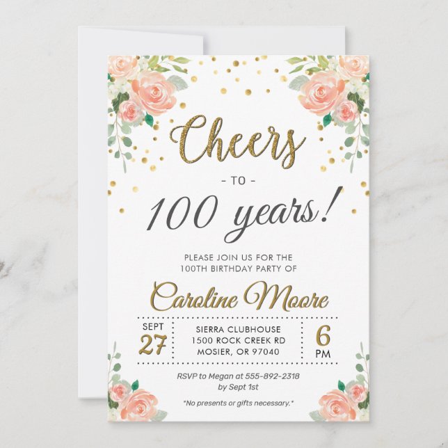 Invitación Cumpleaños de señoras número 100 - Centésima Flora (Anverso)