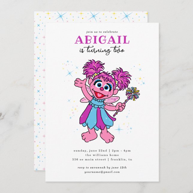 Invitación Cumpleaños de Sesame Street Abby Cadabby Sparkles (Anverso / Reverso)