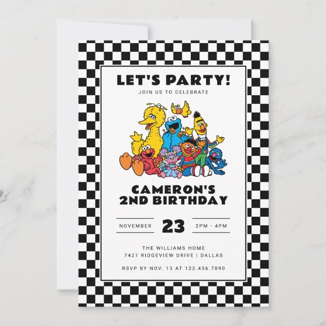Invitación Cumpleaños de Sesame Street Checkerboard (Anverso)