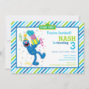 Invitación Cumpleaños de Sesame Street Grover Striped