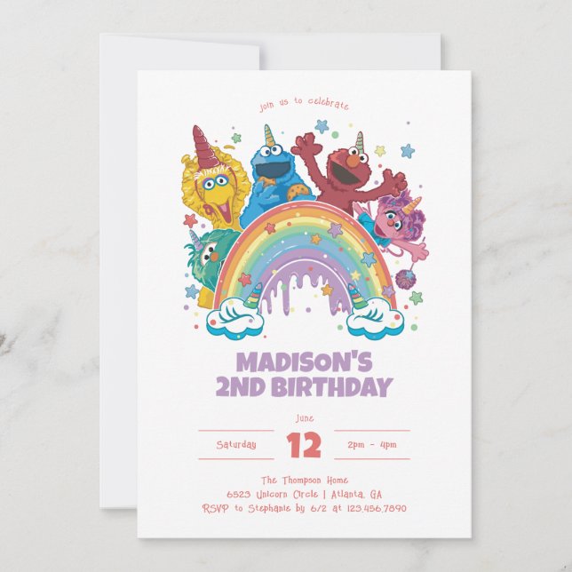 Invitación Cumpleaños de Sesame Street Rainbow Unicorn (Anverso)