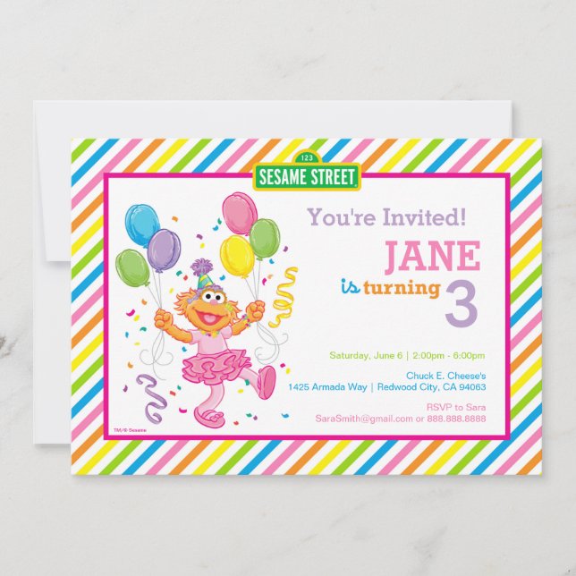 Invitación Cumpleaños de Sesame Street Zoe Striped (Anverso)