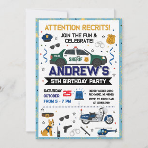 Invitación Cumpleaños de sheriff policía moderno personalizad