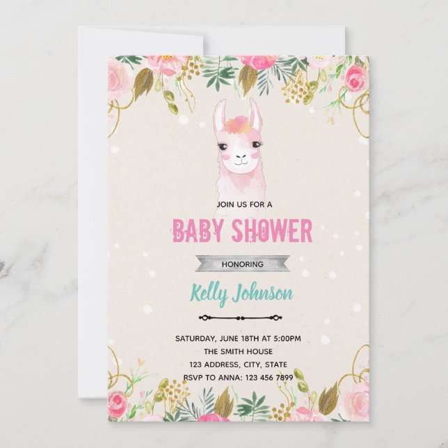 Invitación cumpleaños de shower de bebé de llama floral (Anverso)