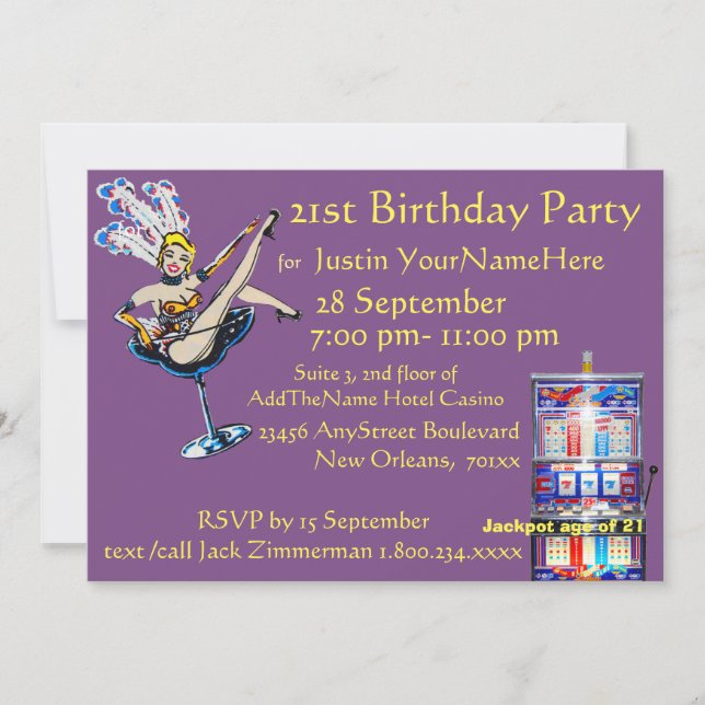 Invitación Cumpleaños de Showgirl del Jackpot del Casino (Anverso)