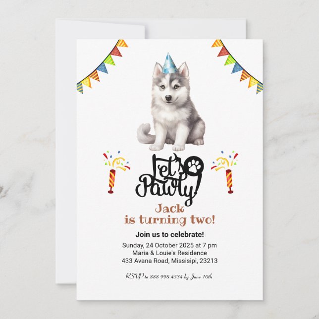 Invitación Cumpleaños de Siberian Husky con sombrero ¡Vamos a (Anverso)