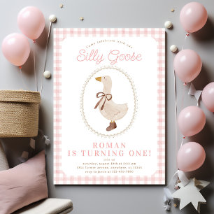 Invitación Cumpleaños de Silly Goose Pink Gingham y Chica Bow