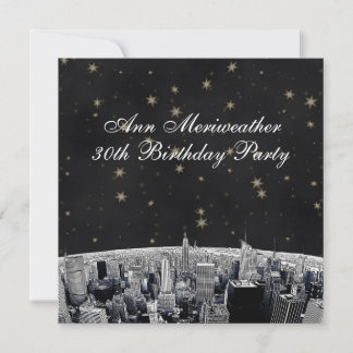 Invitación Cumpleaños de silueta de NYC grabada en negro con