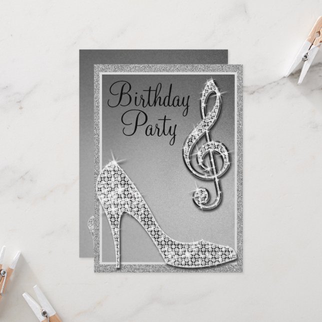 Invitación Cumpleaños de Silver Stiletto & Treble Clef (Anverso/Reverso In Situ)