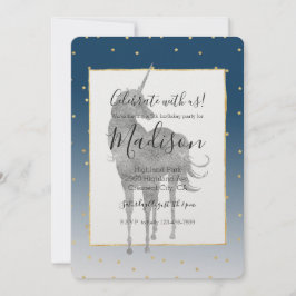 Invitación Cumpleaños de Silver Unicorn Shine Bright Gold Sta
