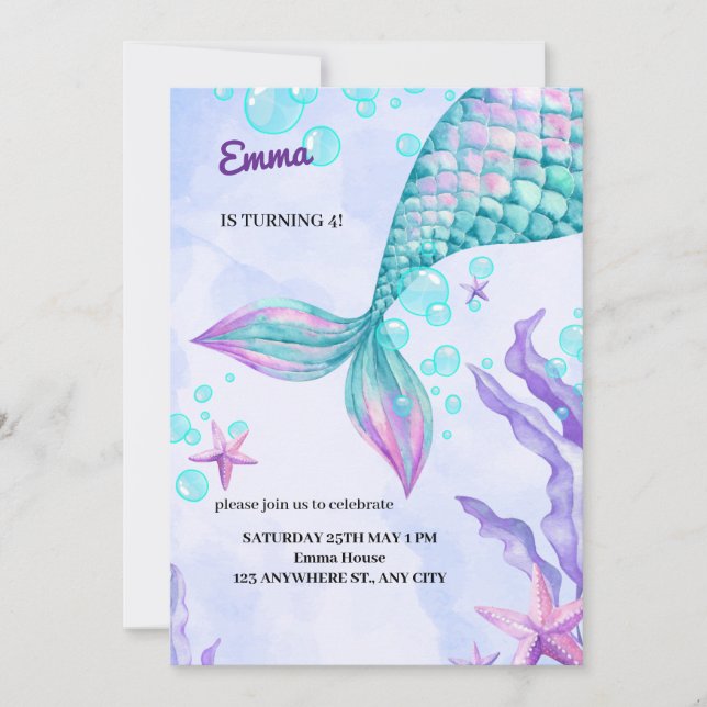 Invitación cumpleaños de sirena (Anverso)