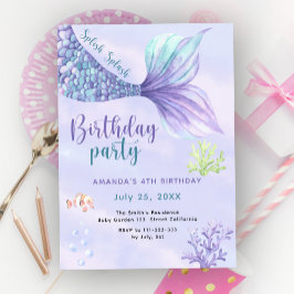 Invitación Cumpleaños de sirena 4 años Bajo el mar Sirena