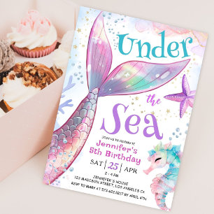 Invitación Cumpleaños de Sirena 5 años Bajo El Mar Rosa Purpu