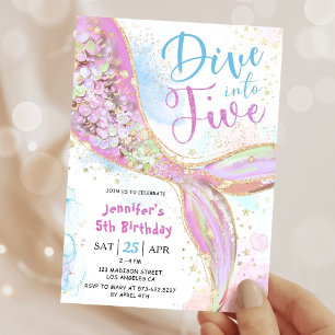 Invitación Cumpleaños de Sirena 5 Años Fiesta Rosa Sumérgete