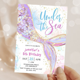 Invitación Cumpleaños de Sirena 5 Años Morado Bajo El Mar