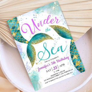 Invitación Cumpleaños de sirena 5 años Morado Turquesa Bajo