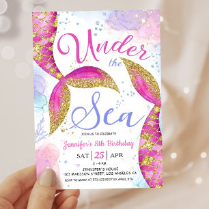 Invitación Cumpleaños de sirena 8 años Fiesta de niña rosa ba