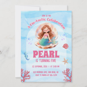 Invitación Cumpleaños de Sirena Acuarela Adorable Bajo el Mar