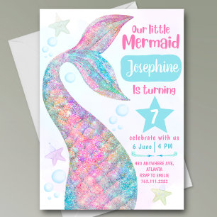 Invitación Cumpleaños de sirena acuarela colorida bajo el mar