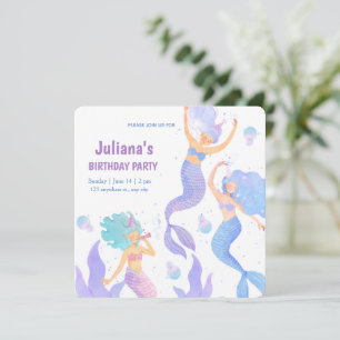 Invitación Cumpleaños de sirena acuarela violeta y azul