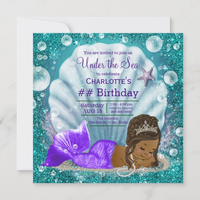 Invitación Cumpleaños de Sirena Afroamericana Bajo el Mar (Anverso)