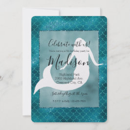 Invitación Cumpleaños de sirena azul turquesa brillo destello