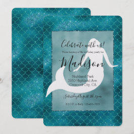 Invitación Cumpleaños de sirena azul turquesa brillo destello