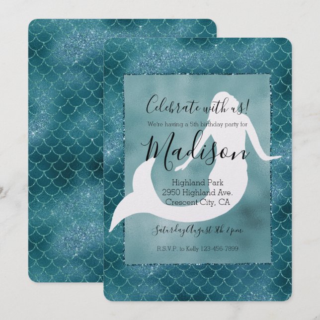Invitación Cumpleaños de sirena azul turquesa brillo destello (Anverso / Reverso)