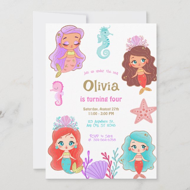 Invitación Cumpleaños de Sirena Bajo el Mar (Anverso)