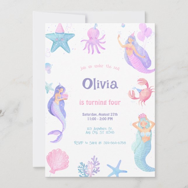 Invitación Cumpleaños de Sirena Bajo el Mar  (Anverso)