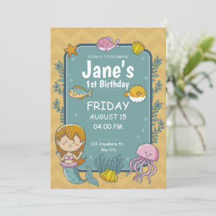 Invitación Cumpleaños de sirena bajo el mar 1er