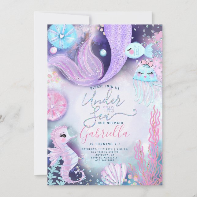 Invitación Cumpleaños de sirena bajo el mar Animales (Anverso)