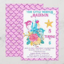 Invitación Cumpleaños de sirena bajo el mar con brillo rosa