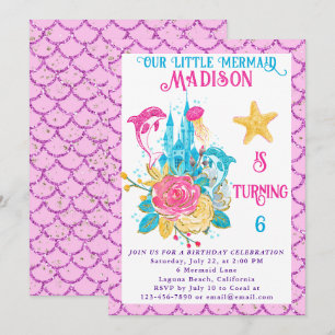 Invitación Cumpleaños de sirena bajo el mar con brillo rosa