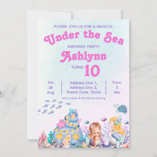 Invitación Cumpleaños de sirena bajo el mar niña linda capric