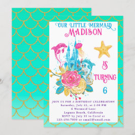 Invitación Cumpleaños de Sirena Bajo el Mar Turquesa y Dorado