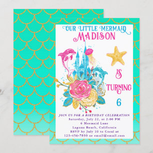 Invitación Cumpleaños de Sirena Bajo el Mar Turquesa y Dorado