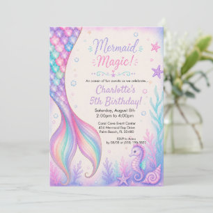 Invitación Cumpleaños de Sirena Cola Mágica Acuarela