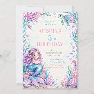 Invitación Cumpleaños de Sirena con Acuarela Pastel Bajo el M