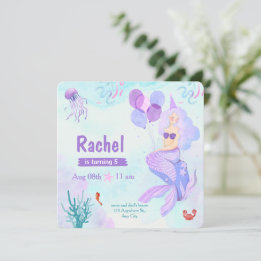 Invitación Cumpleaños de Sirena con Acuarela Rosa y Morada