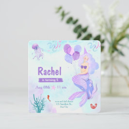 Invitación Cumpleaños de Sirena con Acuarela Rosa y Morada