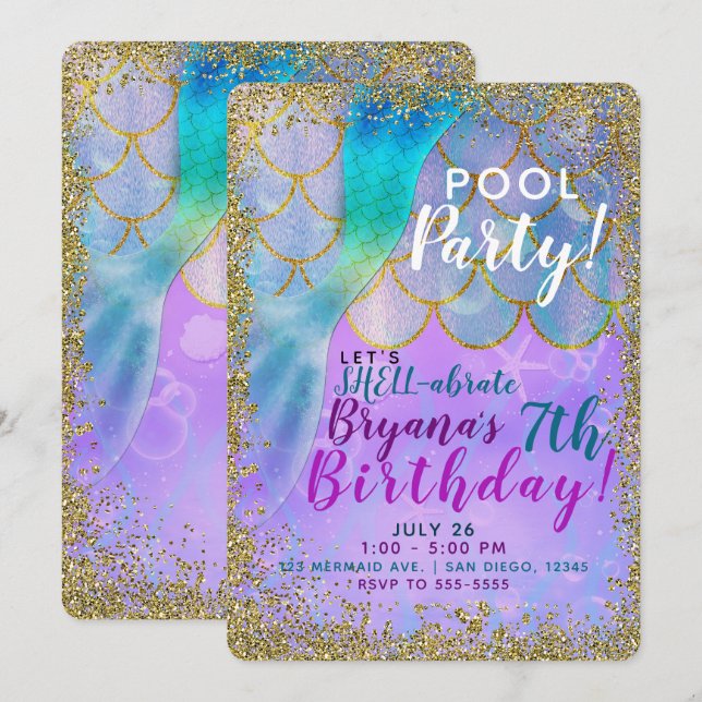 Invitación Cumpleaños de Sirena con Brillo de Perla Irisada (Anverso / Reverso)
