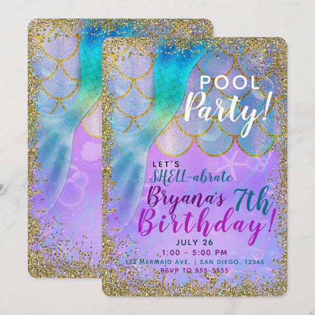 Invitación Cumpleaños de Sirena con Brillo de Perla Irisada (Anverso / Reverso)