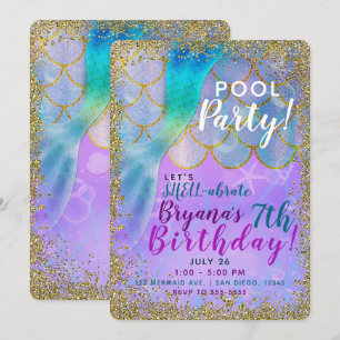 Invitación Cumpleaños de Sirena con Brillo de Perla Irisada