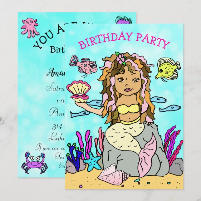 Invitación Cumpleaños de Sirena con Concha Bajo el Mar (Anverso / Reverso)