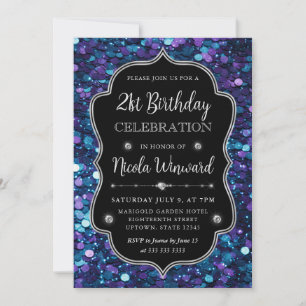 Invitación Cumpleaños de Sirena con Lentejuelas Moradas y Azu
