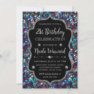 Invitación Cumpleaños de Sirena con Lentejuelas Moradas y Azu